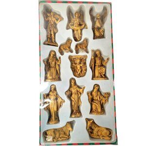 Vintage Resin 13-Piece Gold Tone Nativity Scene Figurines Set In Original Box